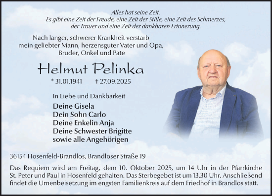 Traueranzeige von Helmut Pelinka von FZ