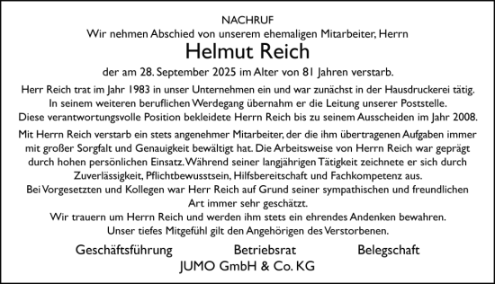 Traueranzeige von Helmut Reich von FZ
