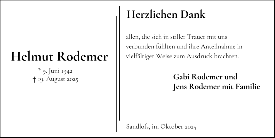 Traueranzeige von Helmut Rodemer von FZ