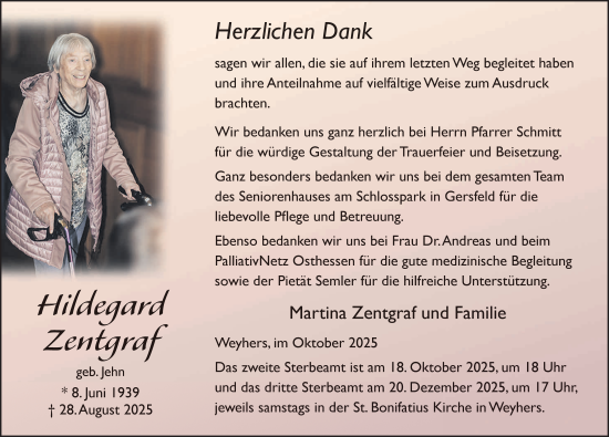 Traueranzeige von Hildegard Zentgraf von FZ