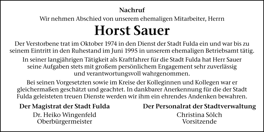  Traueranzeige für Horst Sauer vom 31.10.2025 aus FZ