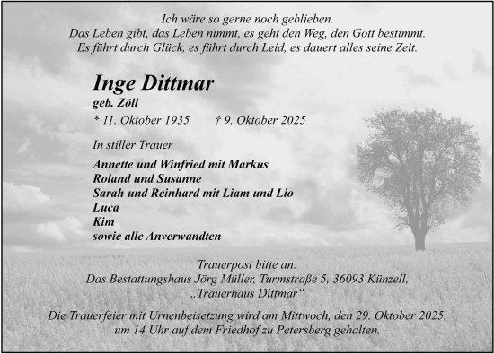 Traueranzeige von Inge Dittmar von FZ