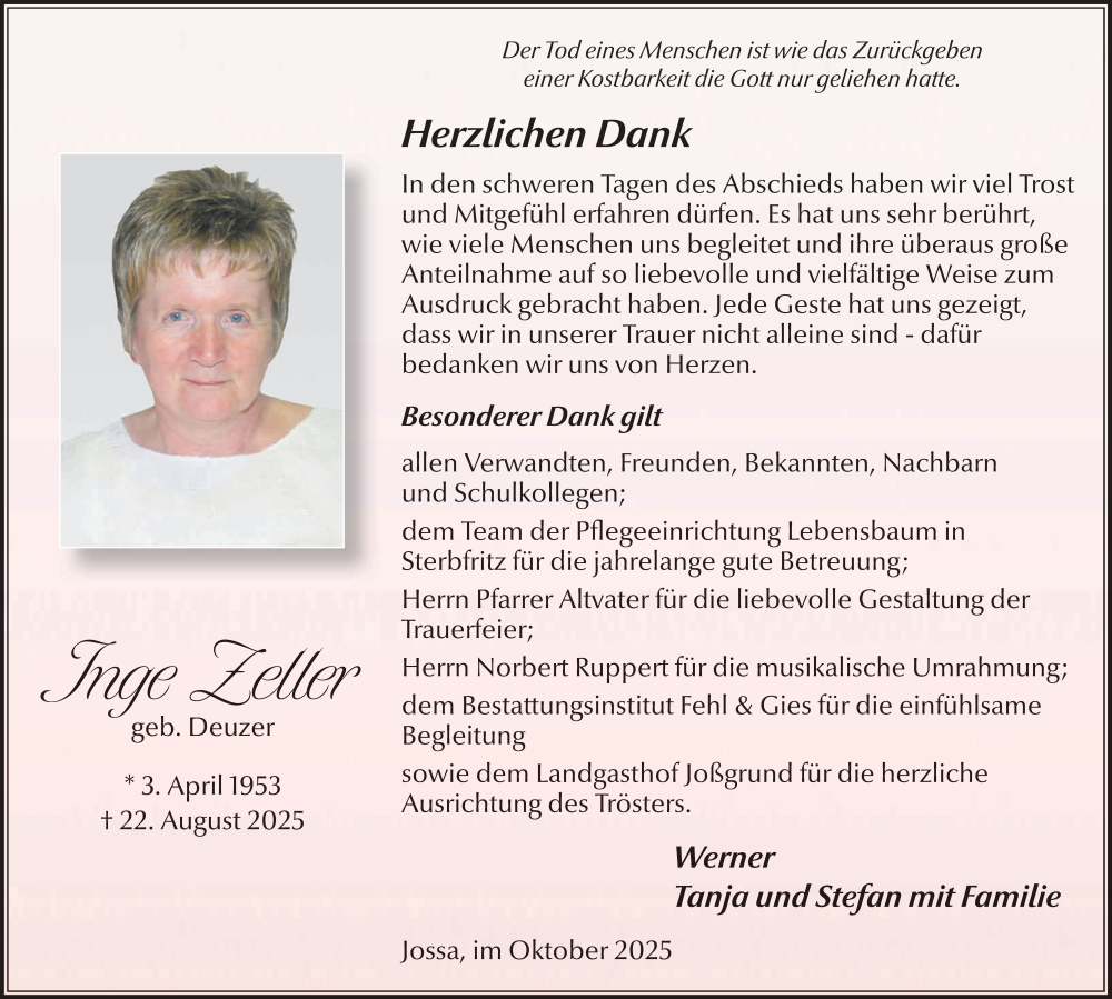  Traueranzeige für Inge Zeller vom 18.10.2025 aus FZ