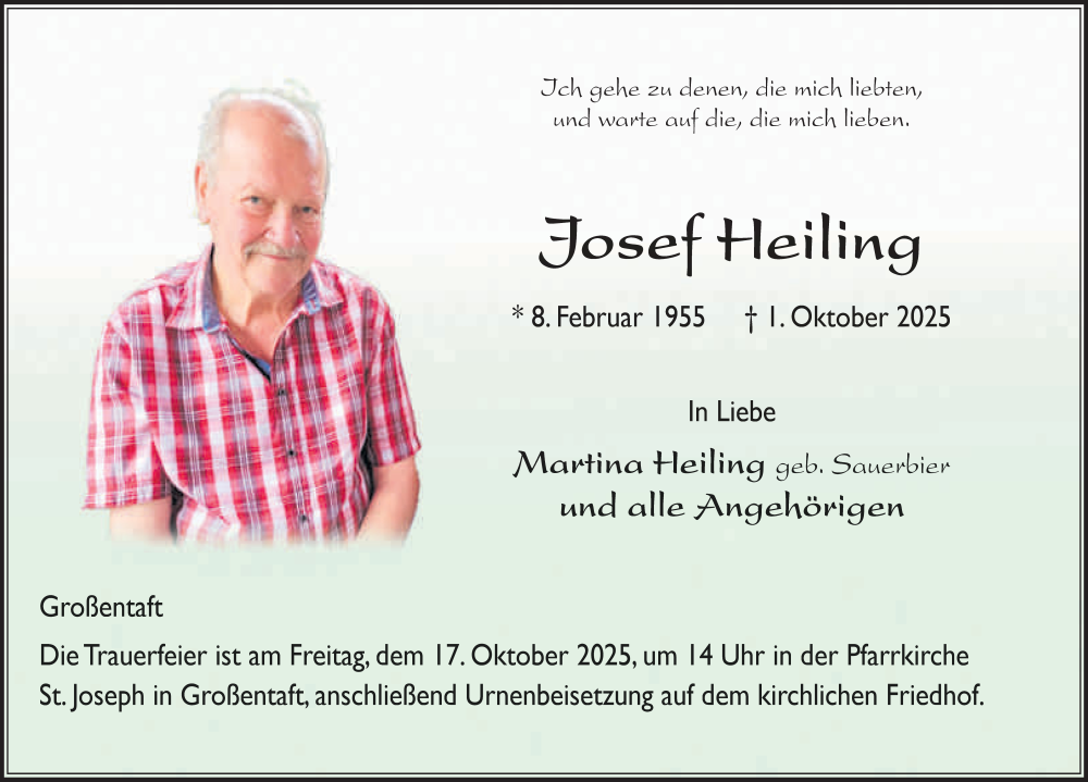  Traueranzeige für Josef Heiling vom 14.10.2025 aus FZ