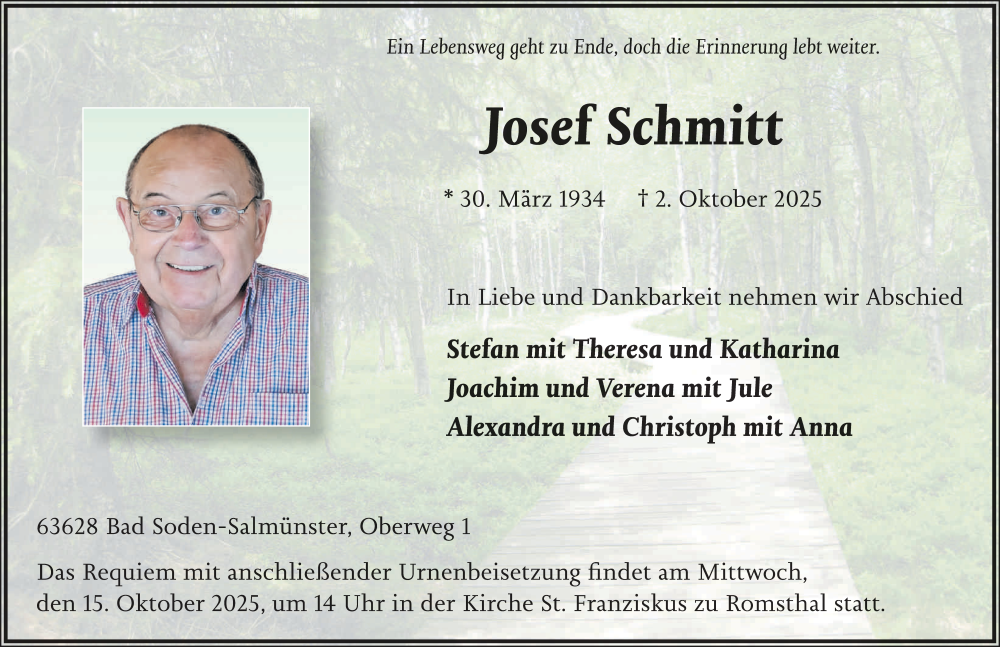  Traueranzeige für Josef Schmitt vom 11.10.2025 aus FZ