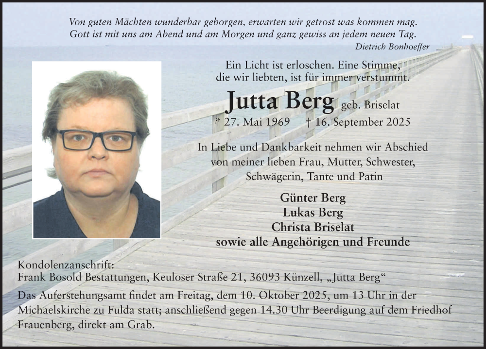  Traueranzeige für Jutta Berg vom 04.10.2025 aus FZ