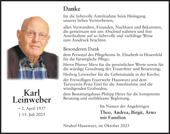 Traueranzeige von Karl Leinweber von FZ