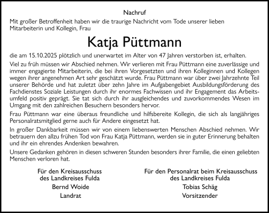Traueranzeige von Katja Püttmann von FZ