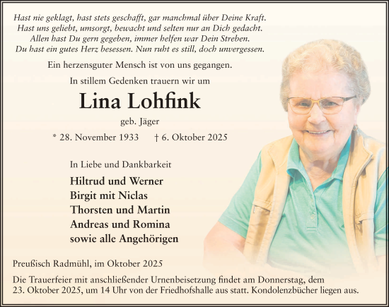 Traueranzeige von Lina Lohfink von FZ