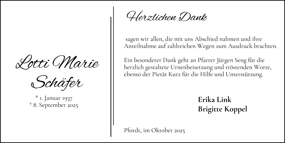  Traueranzeige für Lotti Marie Schäfer vom 04.10.2025 aus FZ