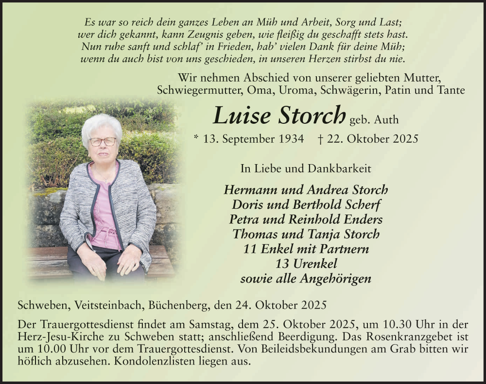  Traueranzeige für Luise Storch vom 24.10.2025 aus FZ