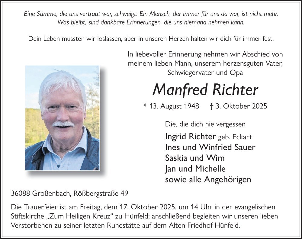  Traueranzeige für Manfred Richter vom 11.10.2025 aus FZ