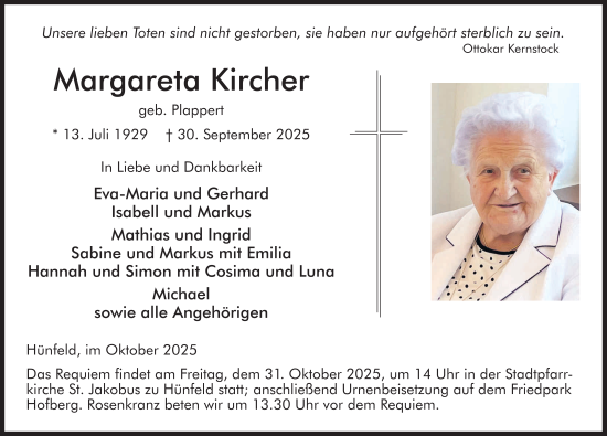 Traueranzeige von Margareta Kircher von FZ