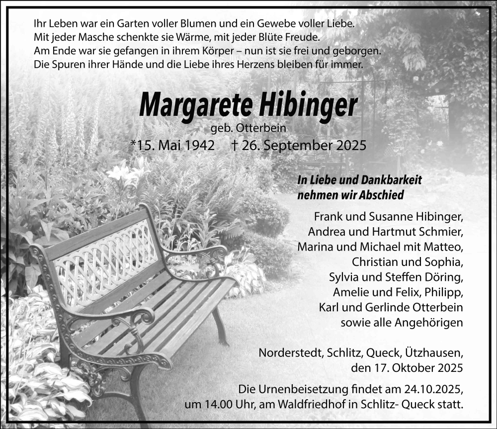  Traueranzeige für Margarete Hibinger vom 18.10.2025 aus FZ