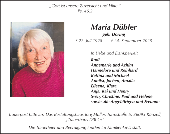 Traueranzeige von Maria Dübler von FZ