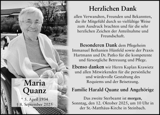 Traueranzeige von Maria Quanz von FZ