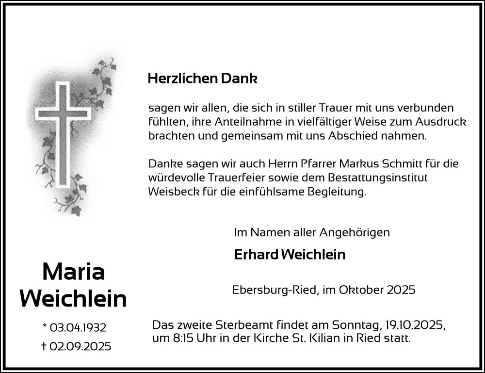  Traueranzeige für Maria Weichlein vom 11.10.2025 aus FZ