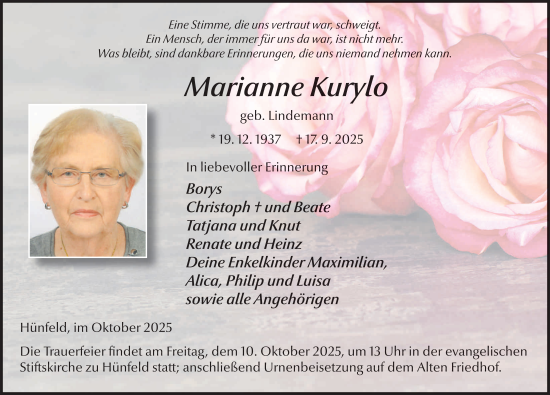 Traueranzeige von Marianne Kurylo von FZ