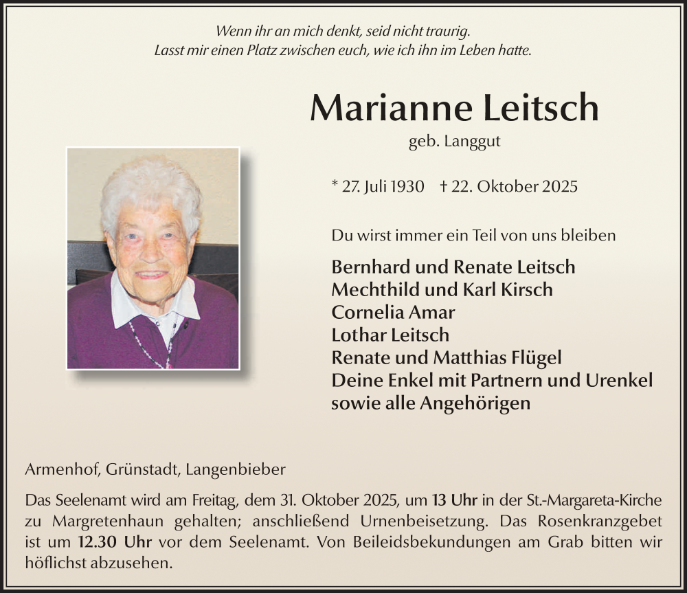  Traueranzeige für Marianne Leitsch vom 29.10.2025 aus FZ