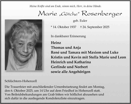Traueranzeige von Marie Rosenberger von FZ