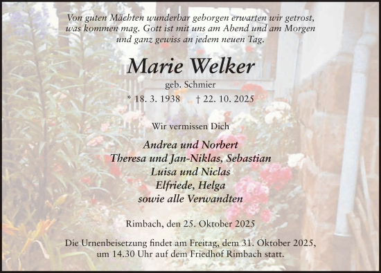 Traueranzeige von Marie Welker von FZ