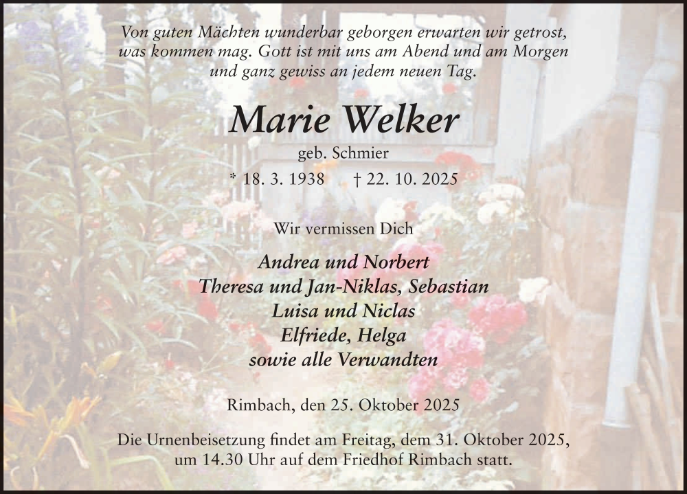  Traueranzeige für Marie Welker vom 25.10.2025 aus FZ