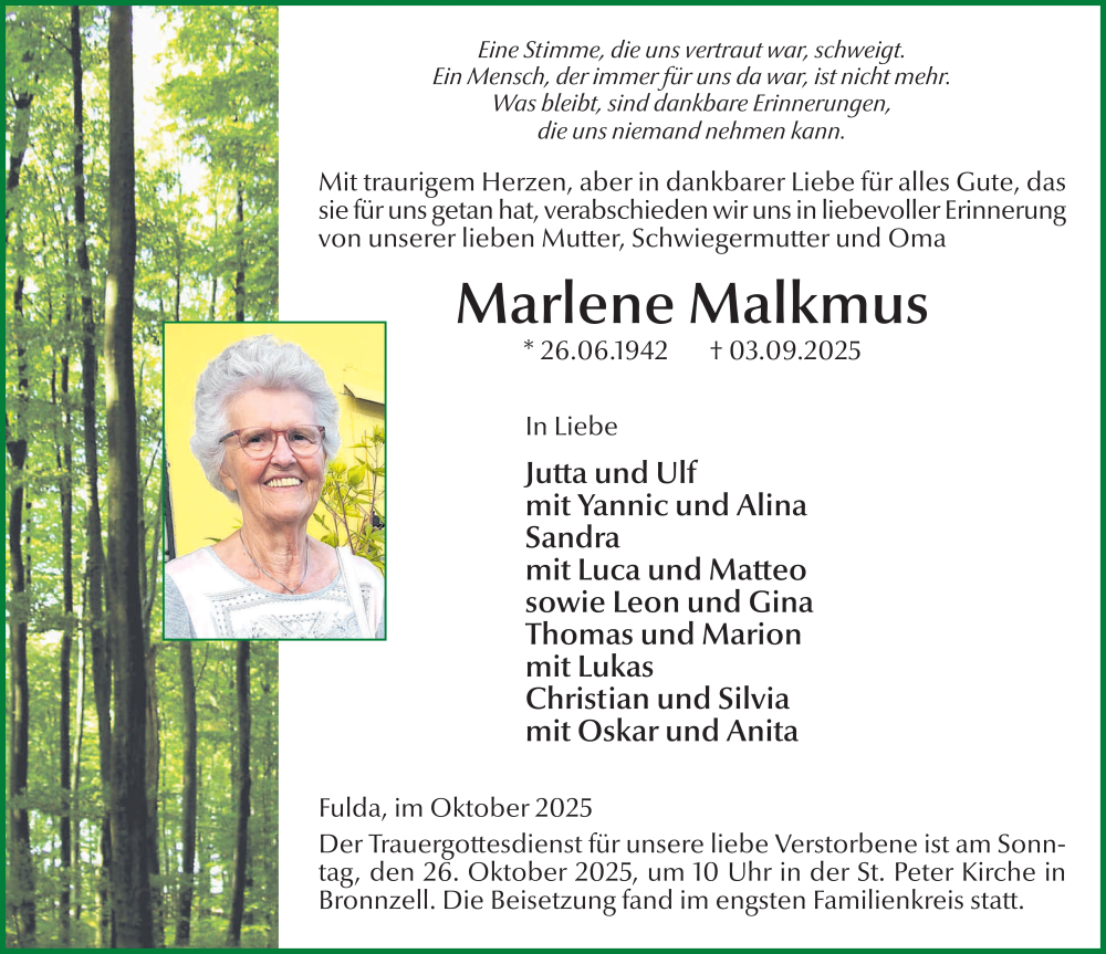  Traueranzeige für Marlene Malkmus vom 04.10.2025 aus FZ