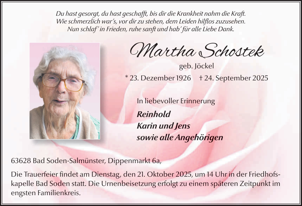  Traueranzeige für Martha Schostek vom 04.10.2025 aus FZ