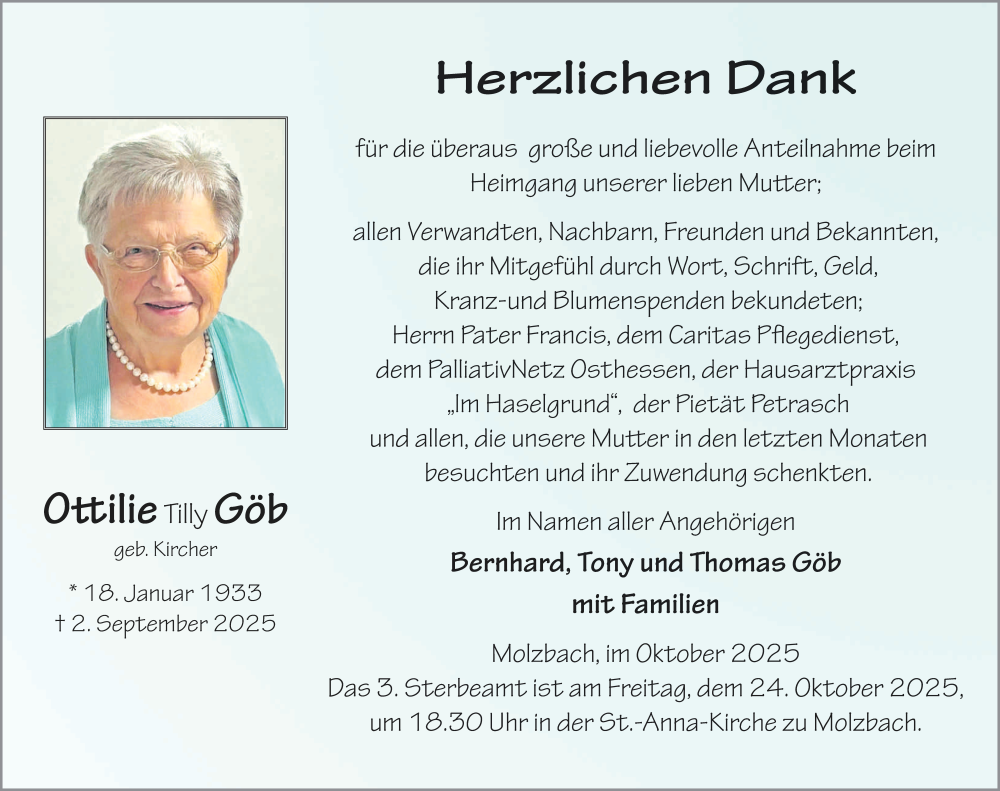  Traueranzeige für Ottilie Göb vom 17.10.2025 aus FZ