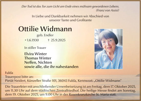 Traueranzeige von Ottilie Widmann von FZ