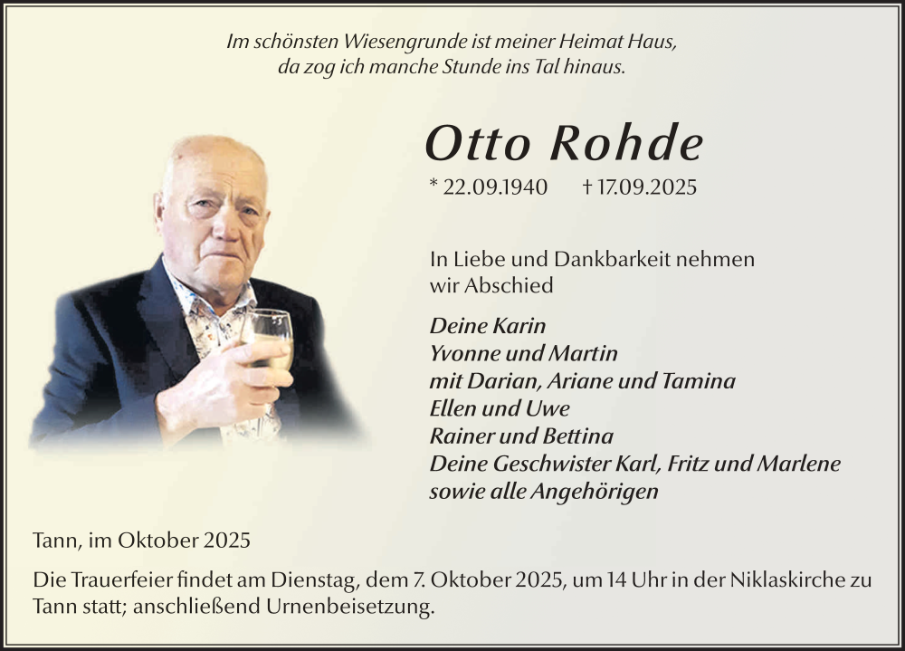  Traueranzeige für Otto Rohde vom 02.10.2025 aus FZ