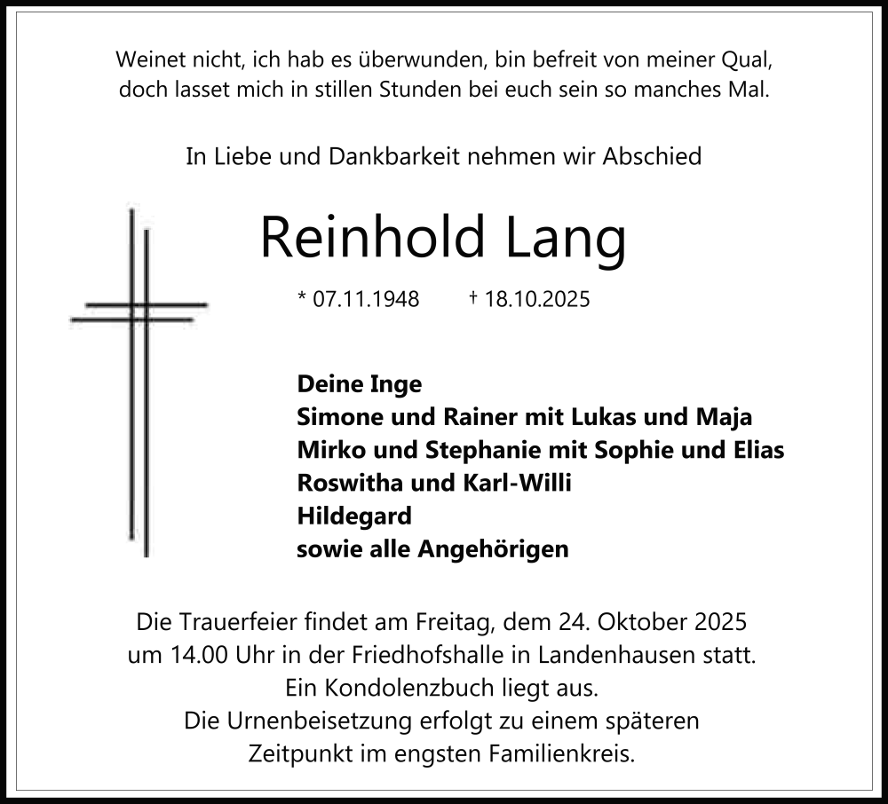  Traueranzeige für Reinhold Lang vom 21.10.2025 aus FZ
