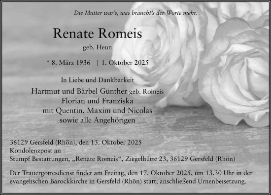 Traueranzeige von Renate Romeis von FZ