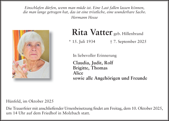 Traueranzeige von Rita Vatter von FZ