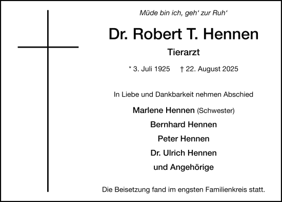 Traueranzeige von Robert Theoder Hennen von FZ