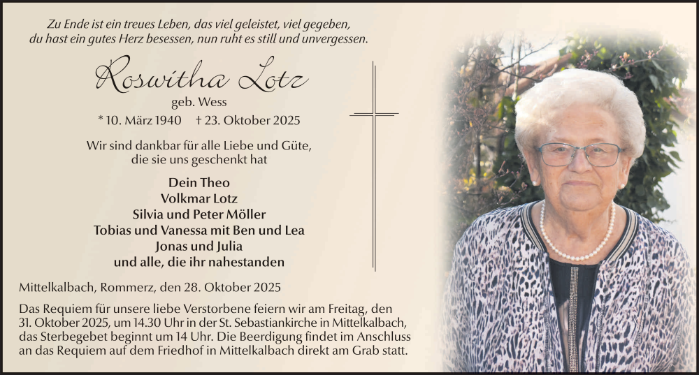  Traueranzeige für Roswitha Lotz vom 28.10.2025 aus FZ