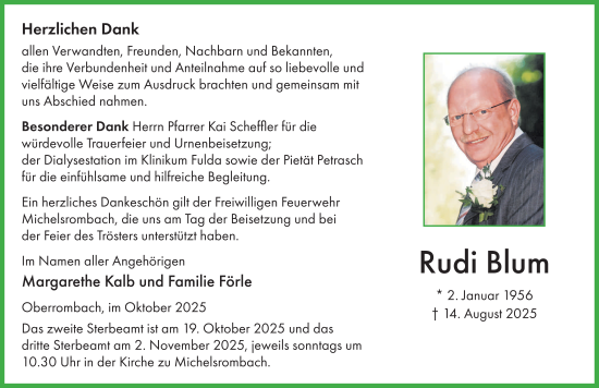Traueranzeige von Rudi Blum von FZ