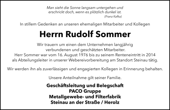 Traueranzeige von Rudolf Sommer von FZ