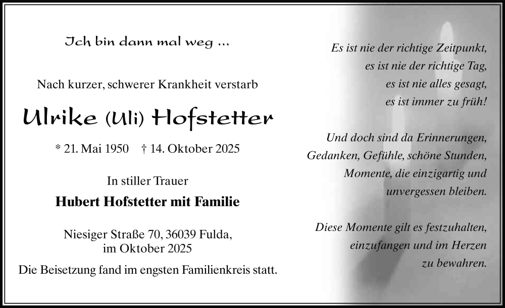  Traueranzeige für Ulrike Hofstetter vom 25.10.2025 aus FZ