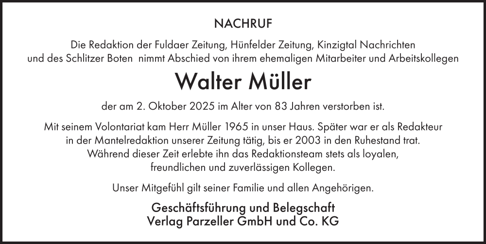  Traueranzeige für Walter Müller vom 18.10.2025 aus FZ