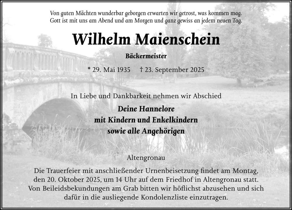  Traueranzeige für Wilhelm Maienschein vom 11.10.2025 aus FZ
