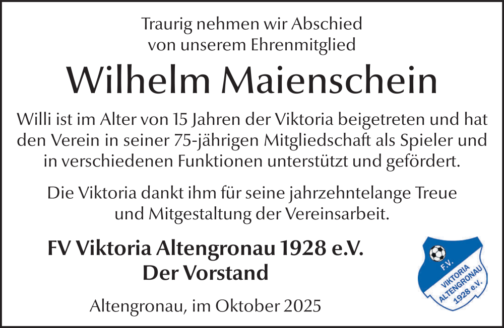  Traueranzeige für Wilhelm Maienschein vom 11.10.2025 aus FZ