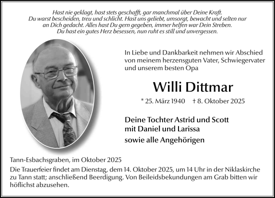 Traueranzeige von Willi Dittmar von FZ
