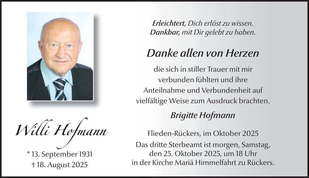  Traueranzeige für Willi Hofmann vom 24.10.2025 aus FZ