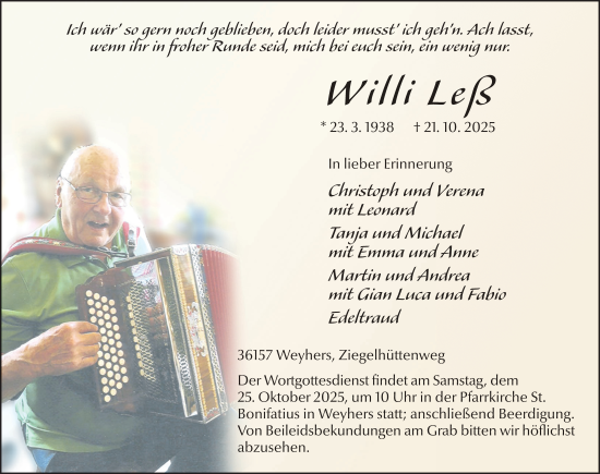 Traueranzeige von Willi Leß von FZ