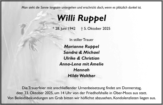 Traueranzeige von Willi Ruppel von FZ