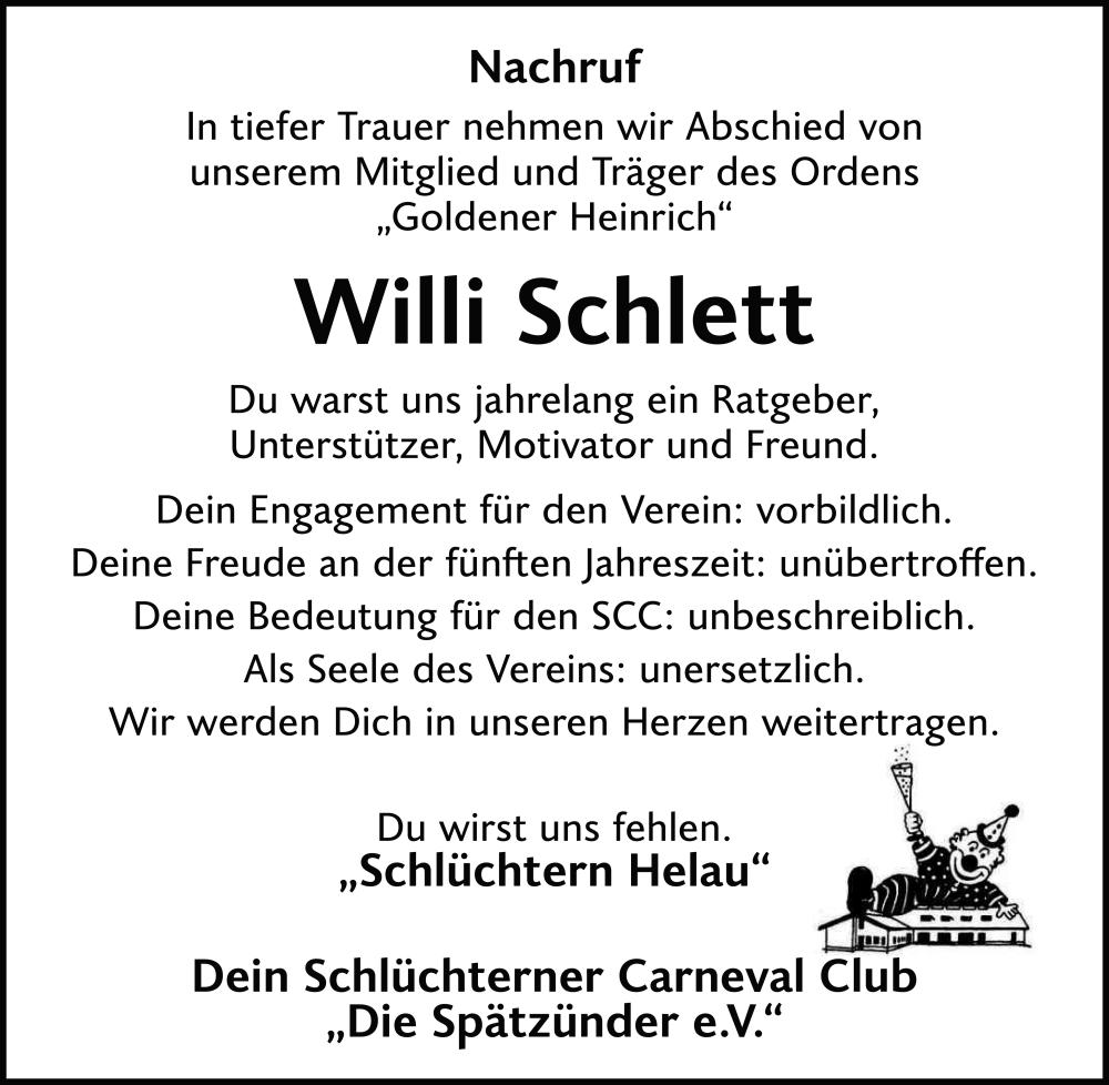  Traueranzeige für Willi Schlett vom 25.10.2025 aus FZ