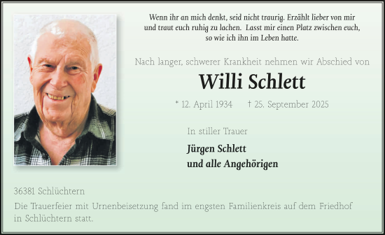 Traueranzeige von Willi Schlett von FZ