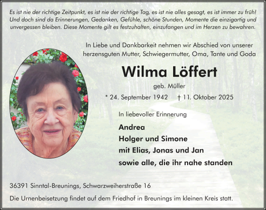 Traueranzeige von Wilma Löffert von FZ