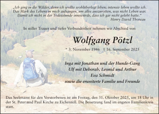 Traueranzeige von Wolfgang Pötzl von FZ